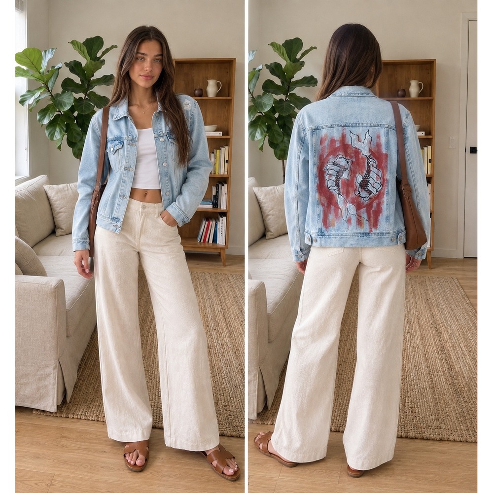 Upcycled True Craft Womens Denim Jacket S Light Wash Distressed Art Koi Fish Y2K